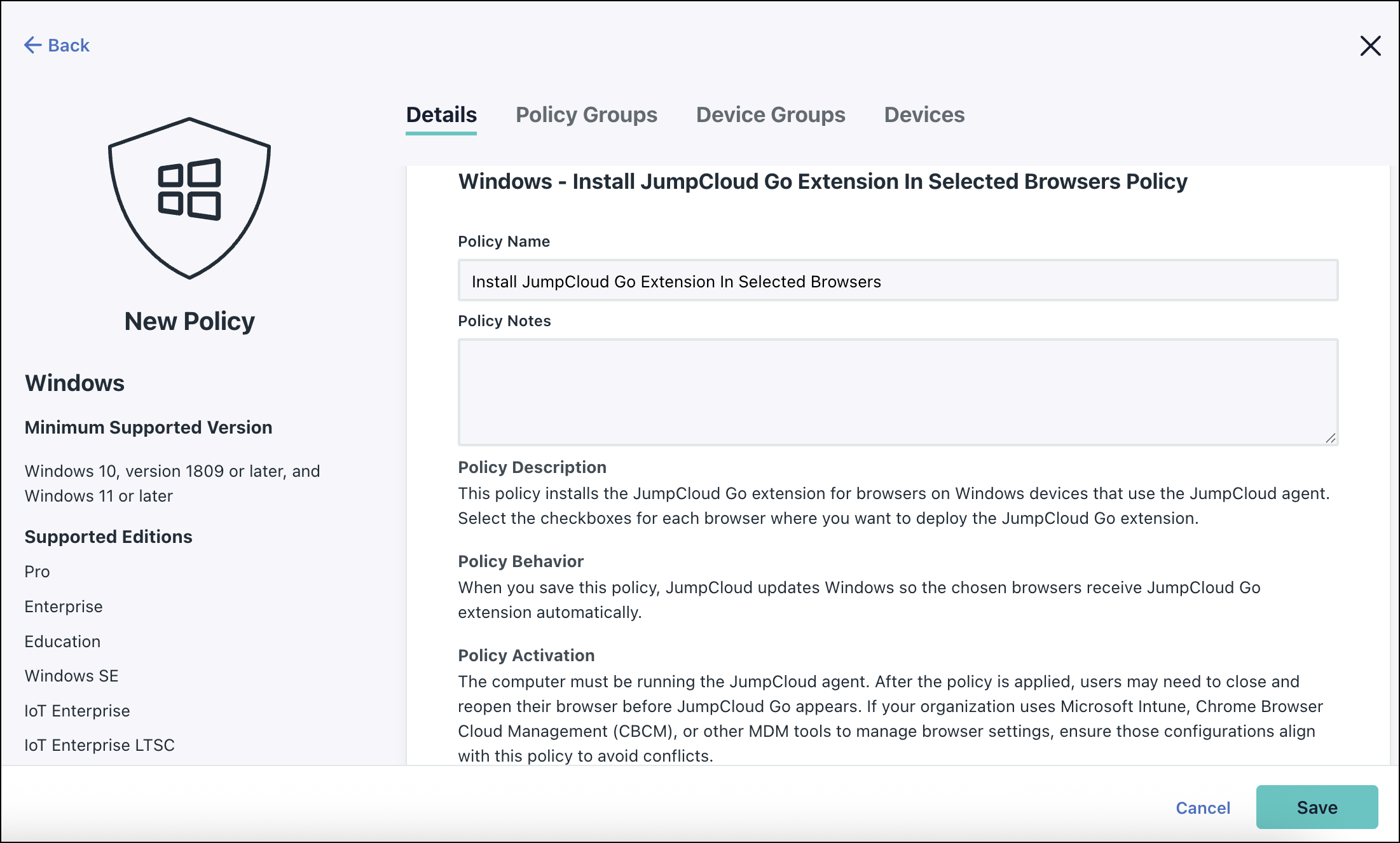 A screenshot showing the "Install JumpCloud Go Extension In Selected Browsers policy page"