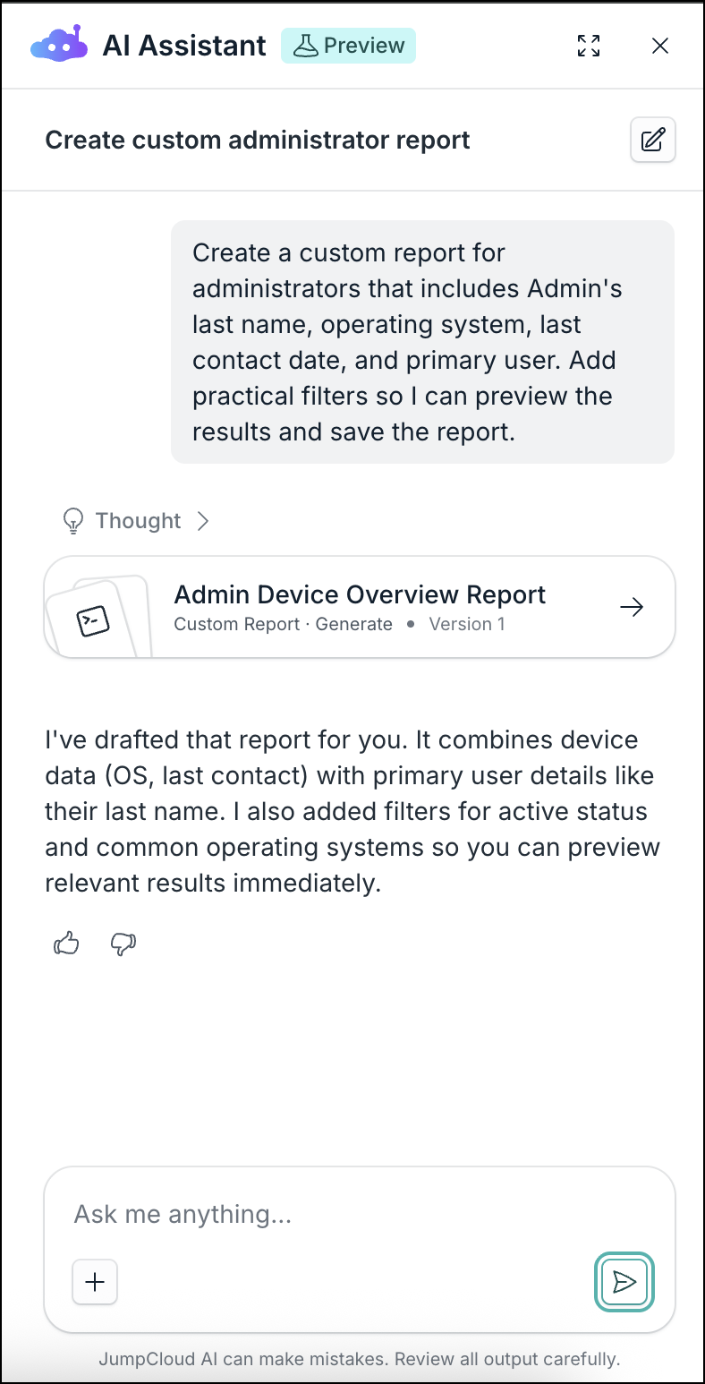 a screenshot showing AI assistant for reports in JumpCloud Admin portal