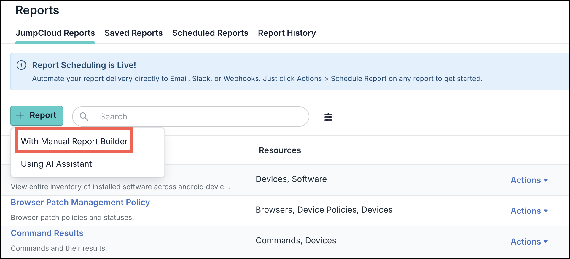 A screenshot showing the Reports homepage in JumpCloud Admin portal