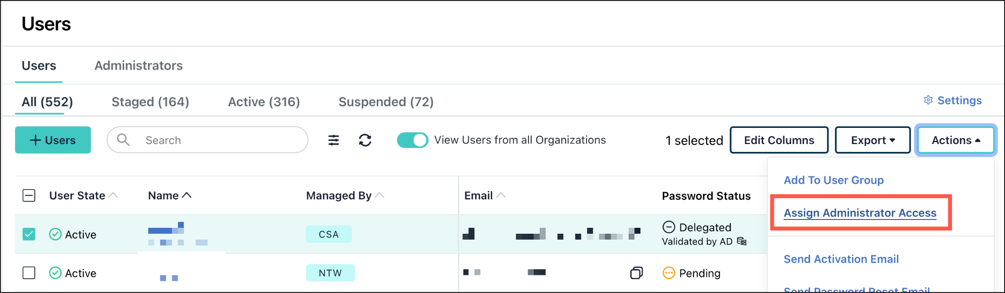 A screenshot showing 'Assign Administrator Access' option in Enterprise Portal