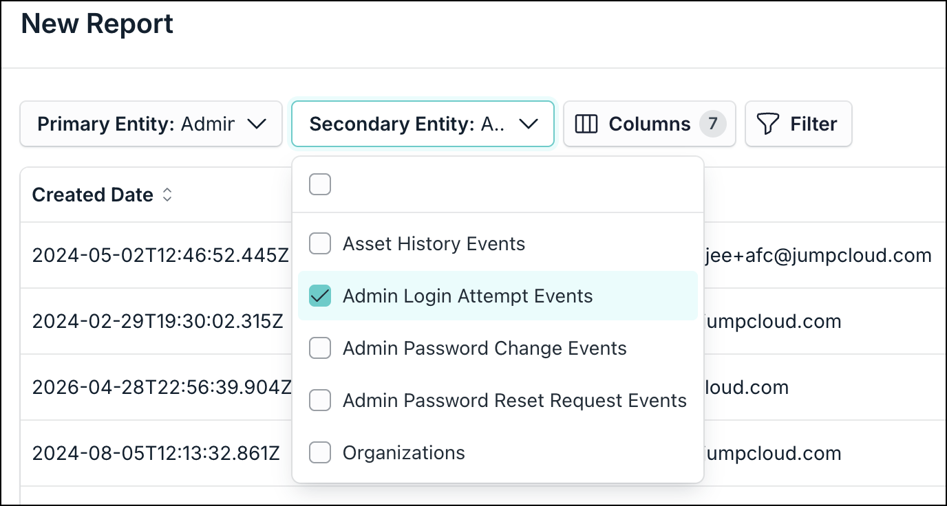 A screenshot showing the New Report modal in JumpCloud Admin portal