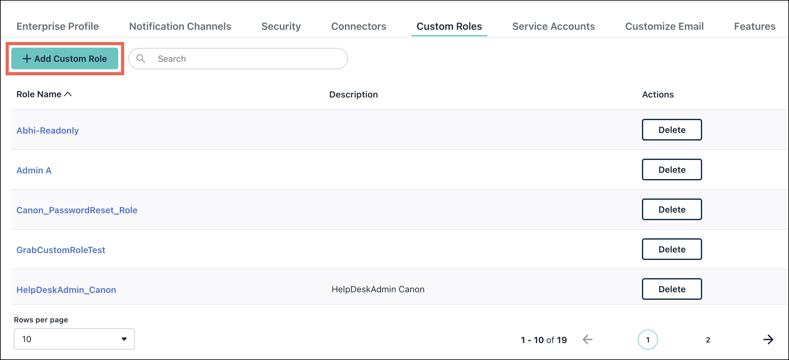 A screenshot showing custom roles in enterprise portal