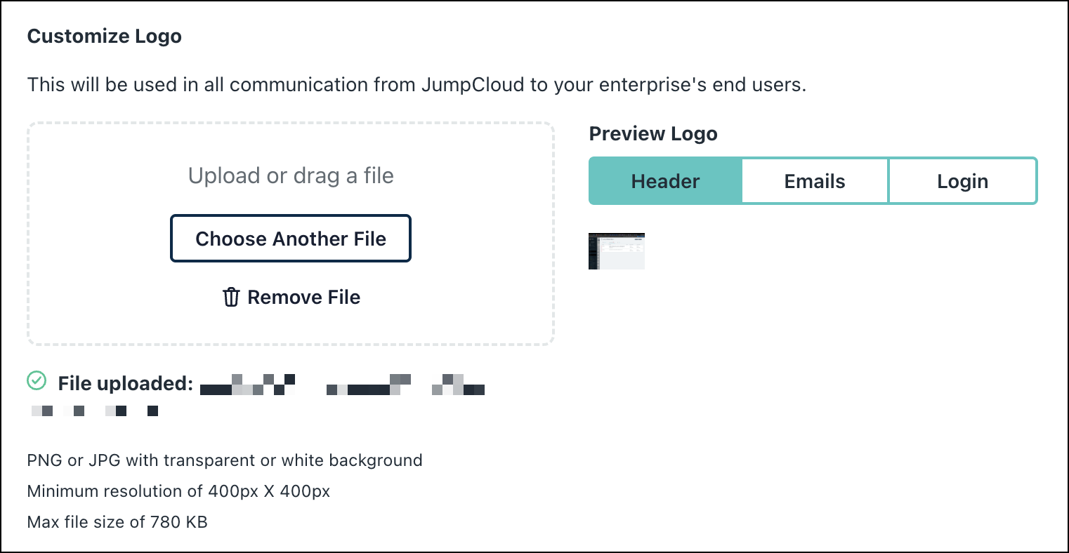 A screenshot showing the 'Customize Logo' section of Settings in JumpCloud Enterprise Portal