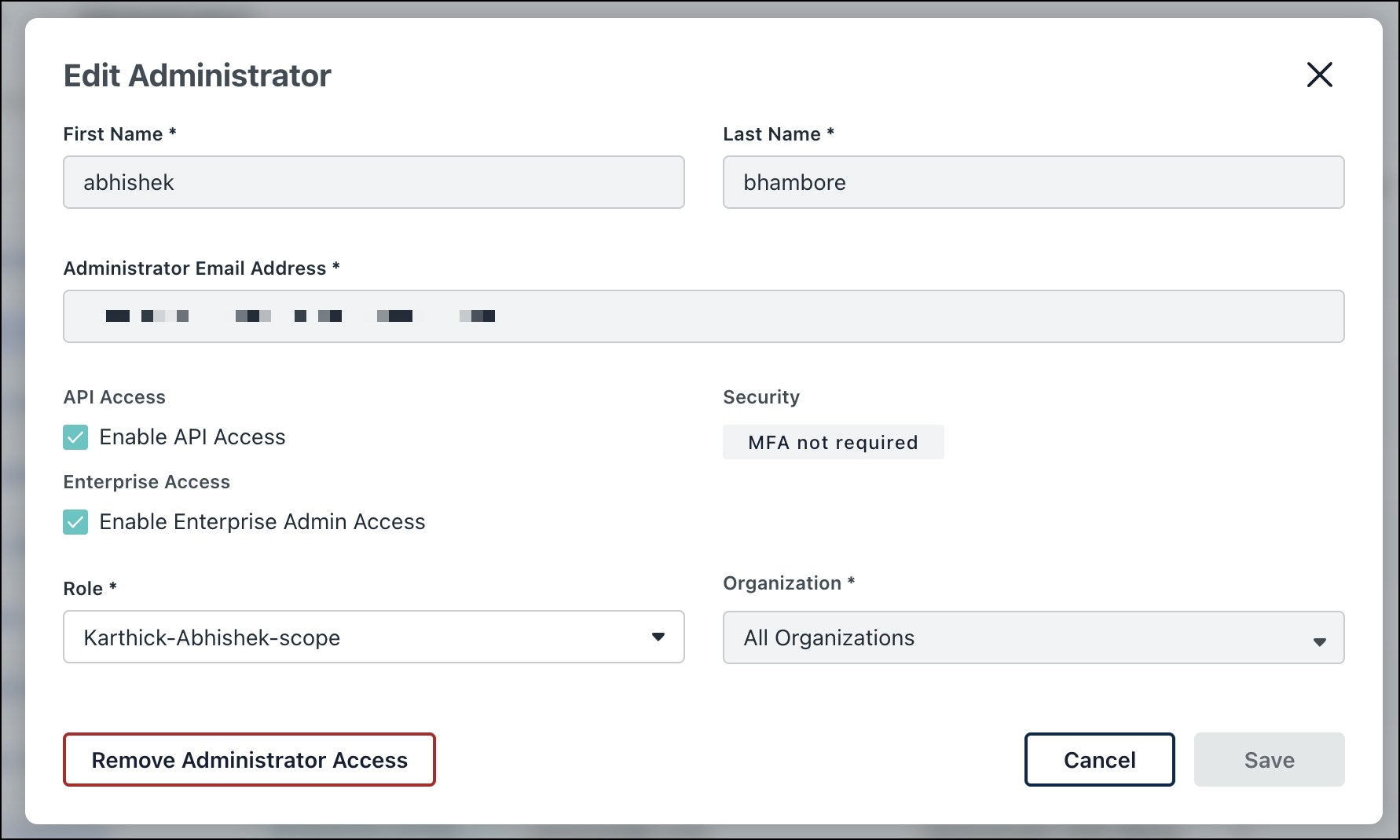 A screenshot showing 'Edit Administrator' popup in new enterprise portal