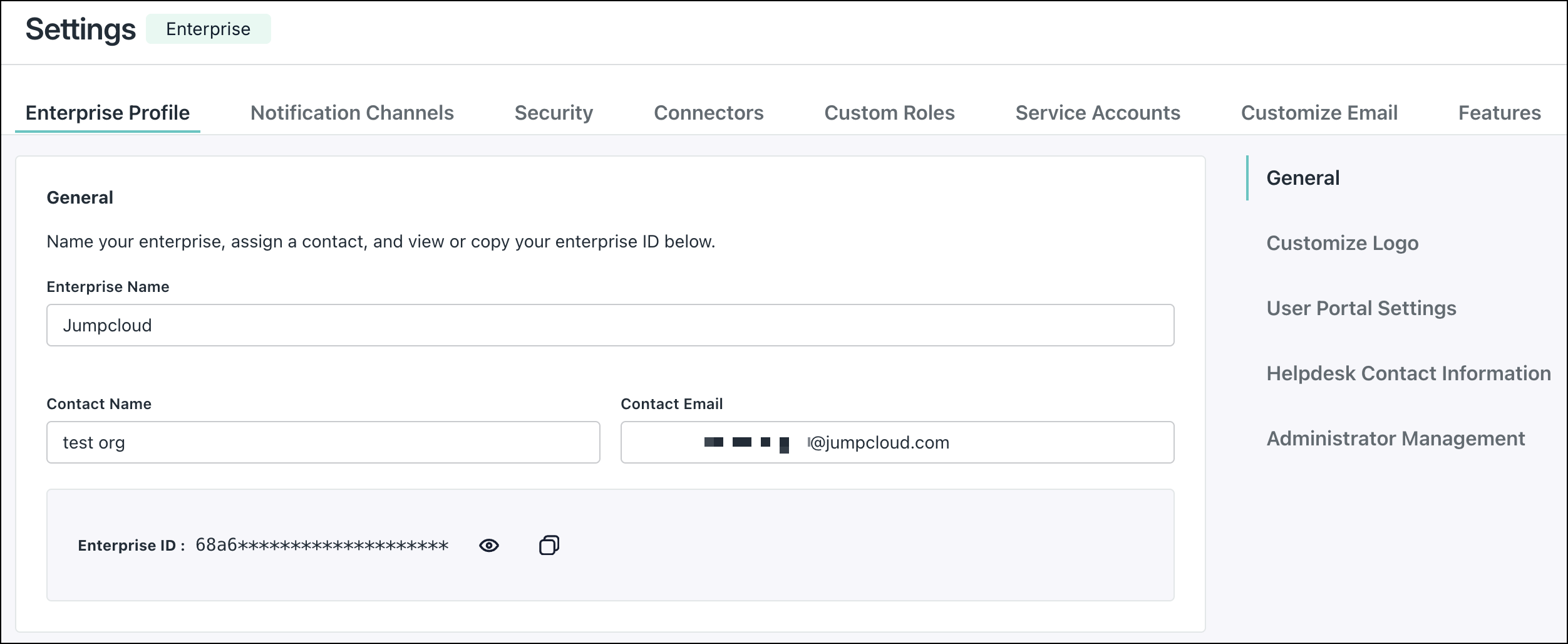 A screenshot showing Enterprise Profile tab in Settings of Enterprise portal.