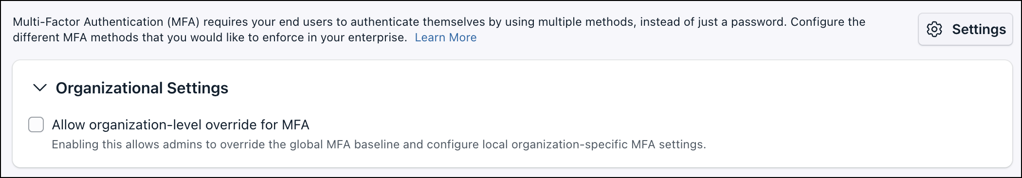 A screenshot showing 'Organizational Settings' in MFA Configurations for Enterprise portal