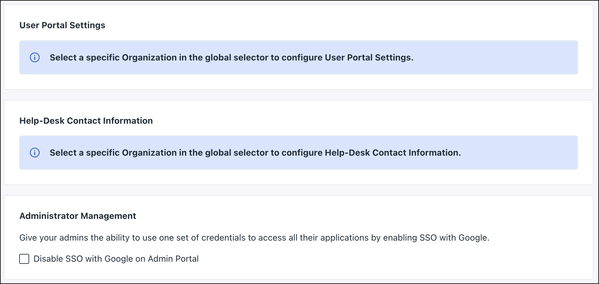 A screenshot showing user portal settings and other settings in JumpCloud enterprise portal